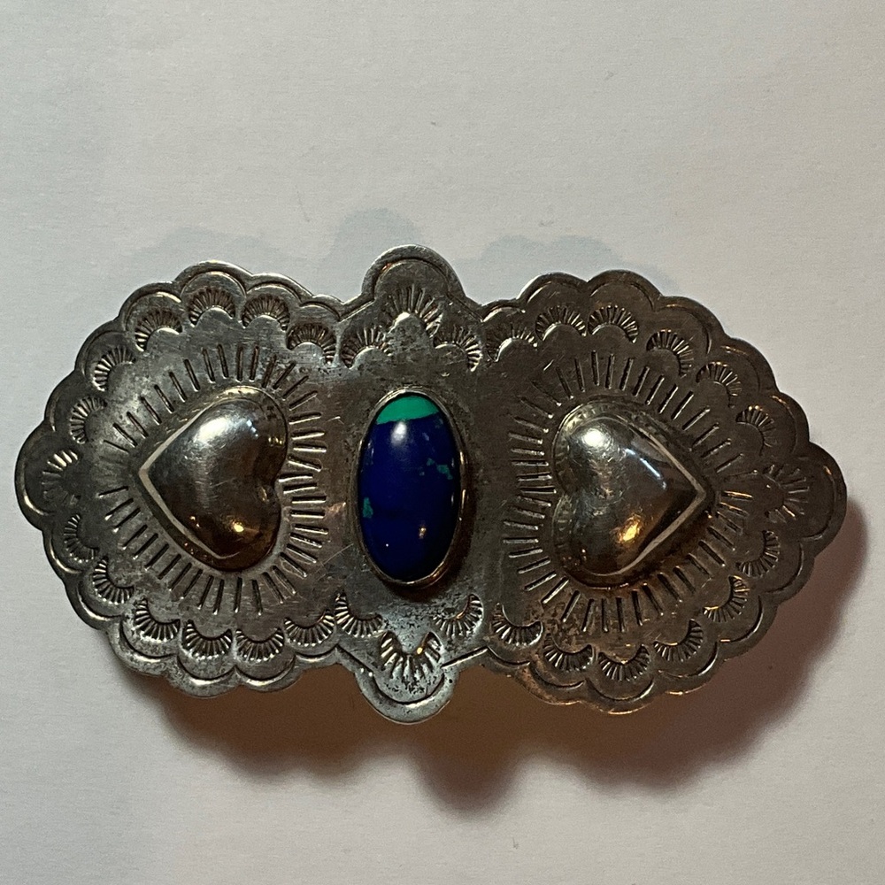 Sterling Silver Heart Azurite Scalloped Hair Barrette